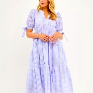 NWT ENGLISH FACTORY Gingham Tiered Midi Dress with Bow Tie Sleeves